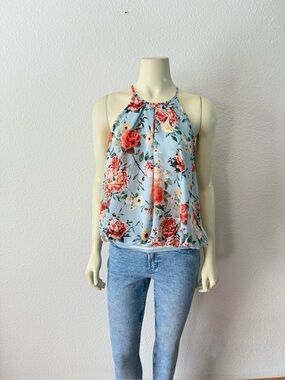 Chroma Tale Light Blue Floral Halter Top Pleated Sleeveless Blouse Boho Size L
